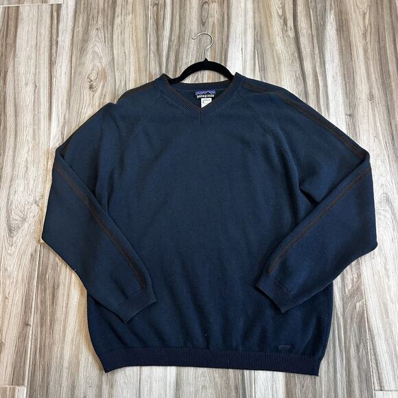 Patagonia Wool Cashmere Blend Pullover V-Neck Sweater Mens Large Striped Sleeve - Picture 1 of 6